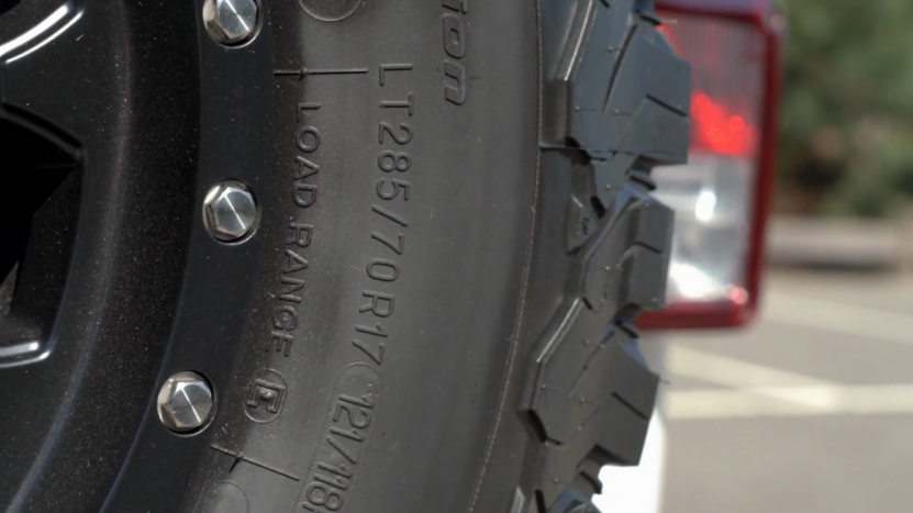 Close-Up of A Tire Labeled LT285/70R17