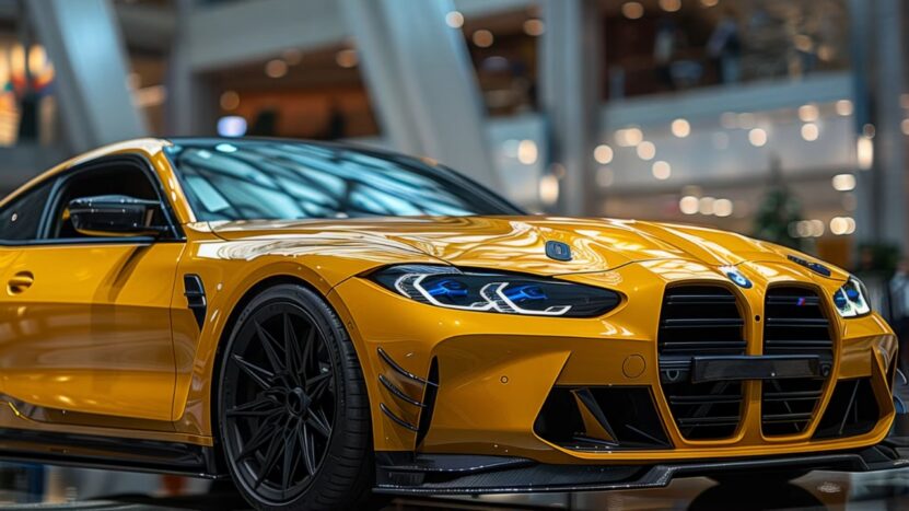 Side View of A 2025 Bmw M3 in Vibrant Yellow, Showcasing Its Sleek Design and Aggressive Sporty Aesthetics in A Showroom Setting