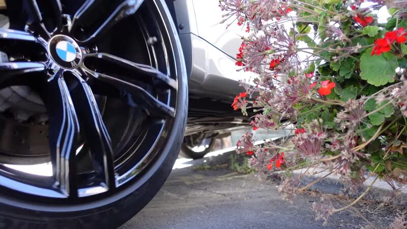 Close-Up View of A Bmw's Shiny Black Wheel and Tire, Partially Obscured by Colorful Flowers