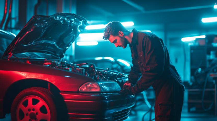 A Mechanic Inspects a Car Engine in A Dimly Lit Garage, Symbolizing the Reliable Warranties Provided by European Car Specialists