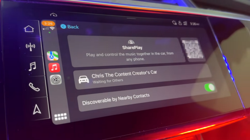 The Image Shows a BMW Infotainment Screen with Apple Car Play's Share Play Feature, Allowing Users to Control Music from Any Phone, with Various Apps Like Maps and Music Visible