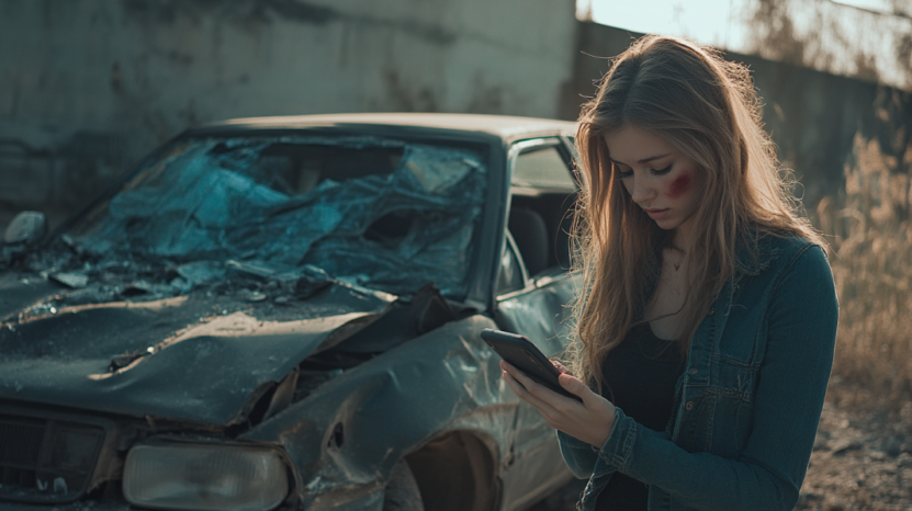 A Woman with Visible Bruises Is Using Her Phone While Standing Next to A Severely Damaged Car After an Accident