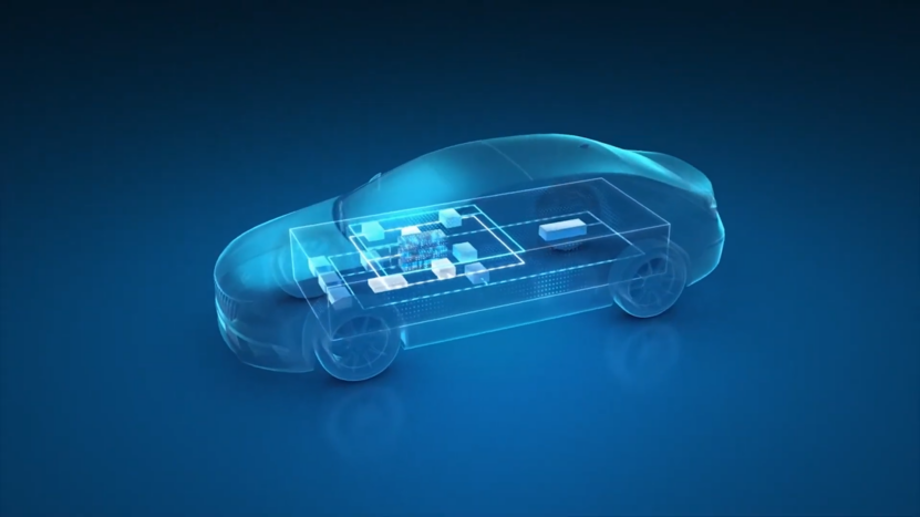 Illustration of A Software-Defined Electric Vehicle Highlighted in Blue, Showcasing Its Internal Components and Layout, Emphasizing Advanced Connectivity Features