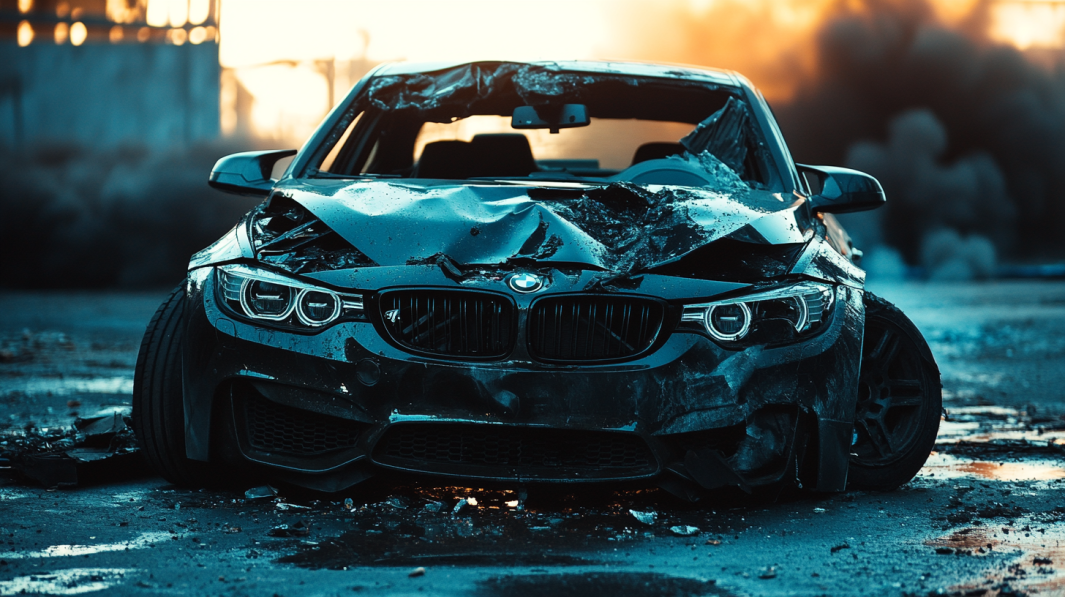 Wrecked High-Performance BMW with Severe Front-End Damage, Illustrating the Consequences of Car Accidents