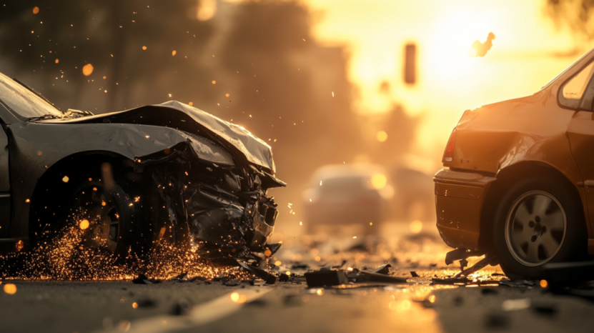 A Severe Car Crash Between Two Vehicles with Debris Scattered on The Road, Illuminated by A Bright Sunset in The Background