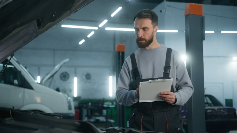 A Mechanic in A Well-Lit Garage Evaluates a Car with A Clipboard, Highlighting the Importance of Regular BMW Maintenance