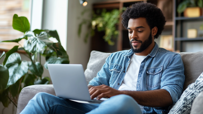 Man Sitting on A Couch Using a Laptop, Likely Reviewing Customer Feedback and Ordering from An Online Number Plate Maker