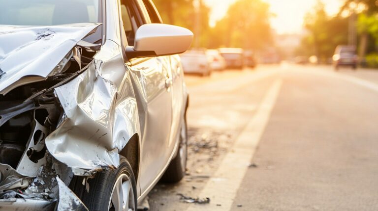 Damaged white car parked on the side of a road, highlighting the aftermath of a hit-and-run accident