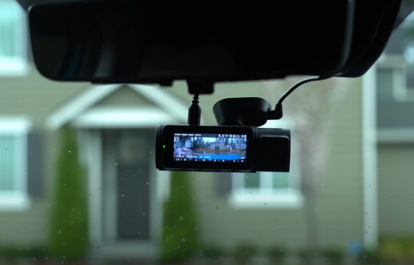 Dash cam mounted to the car's windshield