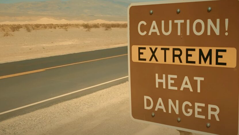 Road sign signaling extreme heat danger in the desert