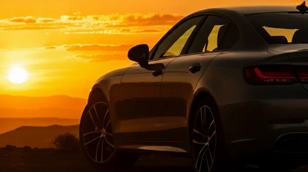 Car parked and looking into the sunset on a hot summer day