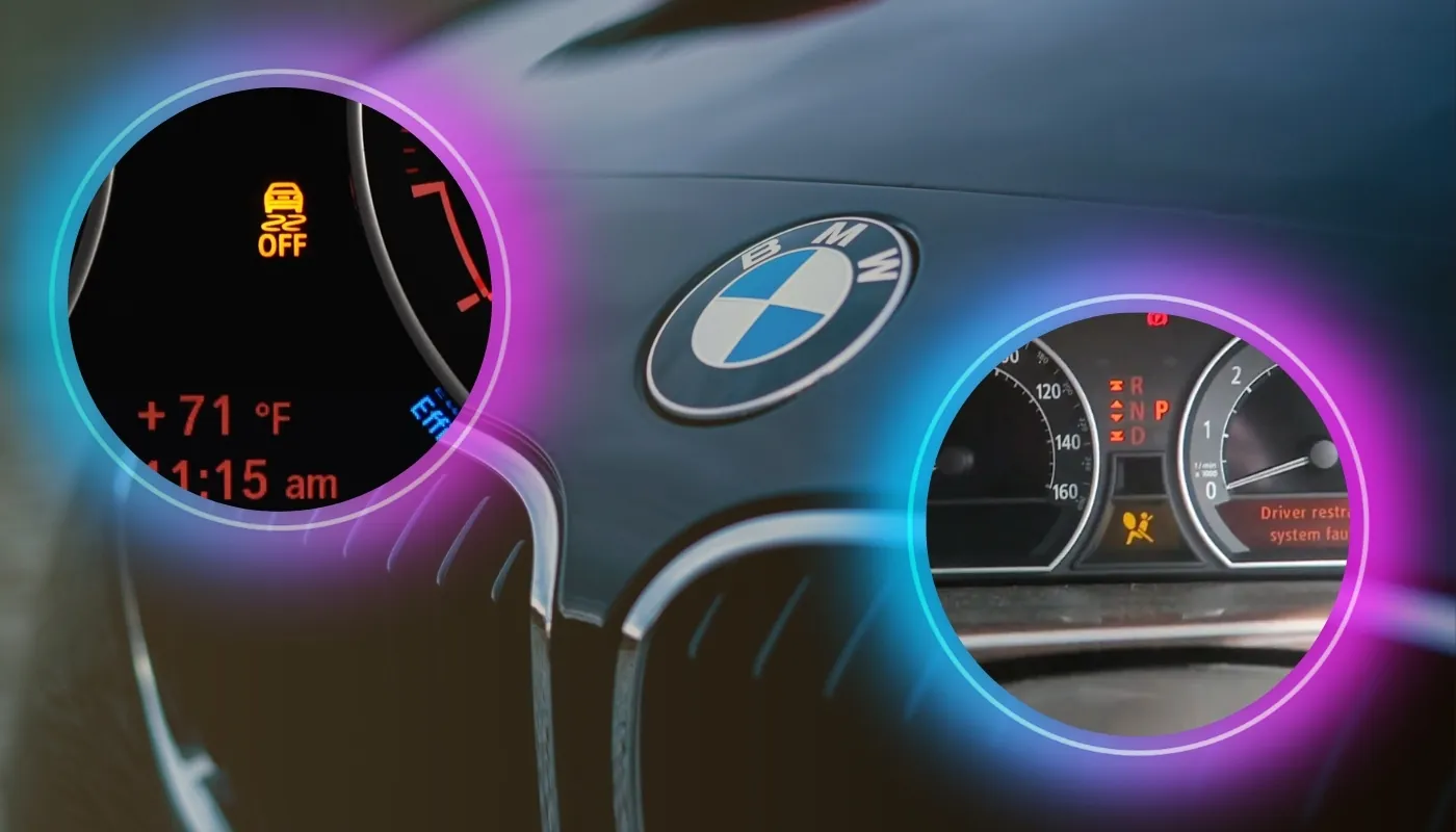 BMW dashboard with two highlighted warning lights: traction control off and driver restraint system fault